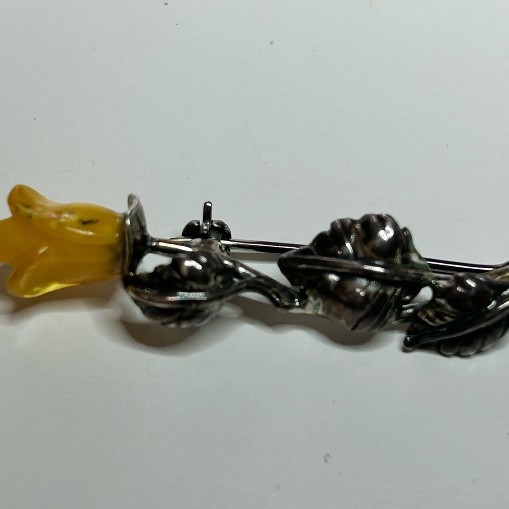 STERLING Elegant Silver and Yellow Floral Brooch